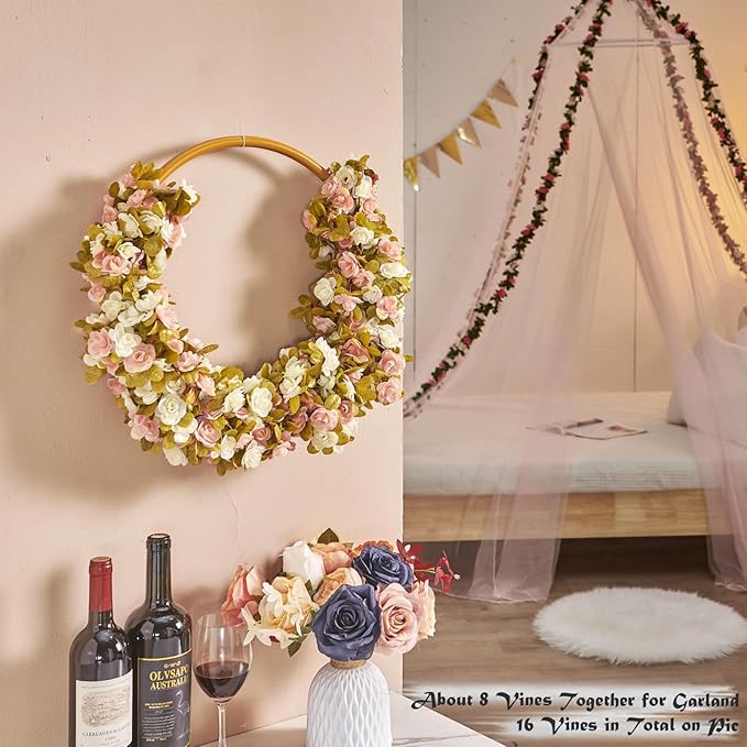 Artificial Flowers: 8 Pink and White Silk Rose Vines, 8.2 Ft Each