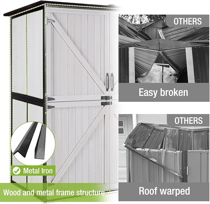 Outdoor Storage Shed, White Metal Frame, Adjustable Shelves, 55" Wide