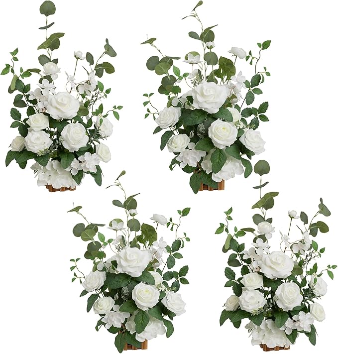 Artificial Flower Arrangements, 4 Pack, 17.5 Inch Tall, White and Sage