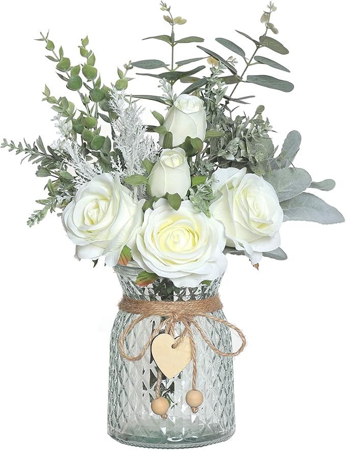 Artificial Flowers with Glass Vase, 14.5-Inch White Silk Roses Bouquet