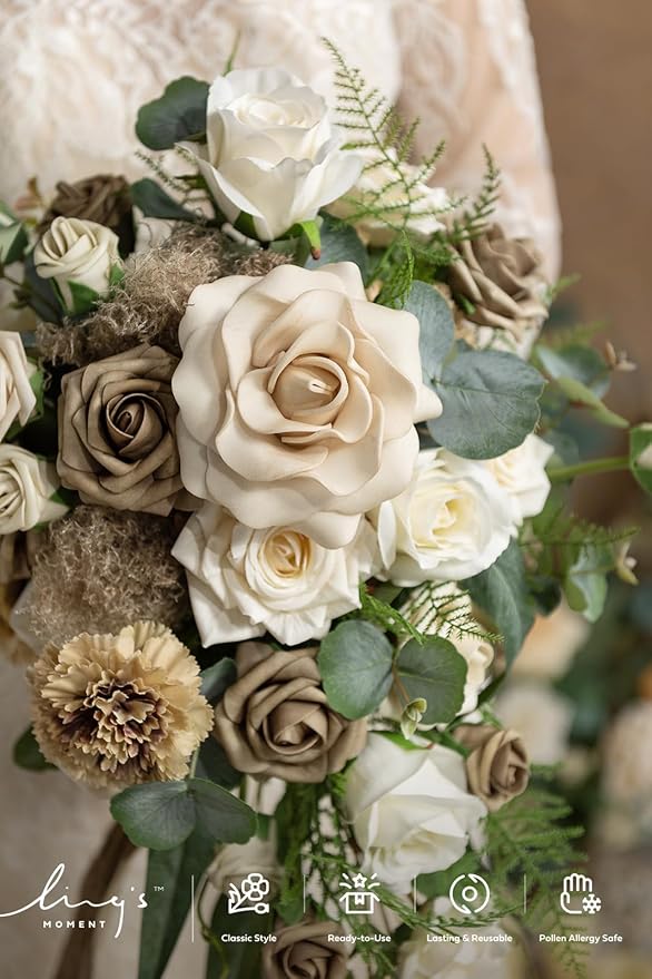 Artificial Cascade Bridal Bouquet, Brown Beige Silk Flowers, 13 x 20 in