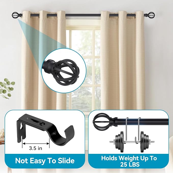 Curtain Rods for Windows 48 to 84, 5/8 Inch Black Heavy Duty Metal Curtain Rods - Image 2