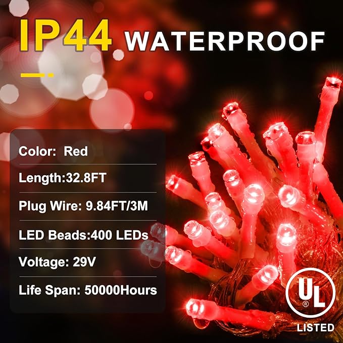 String Lights, 400 LED, 33 ft Red Outdoor Christmas Decor, 8 Modes