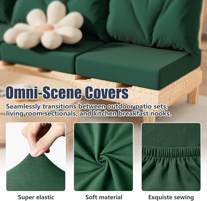 Cushion Covers 8 Pack, Dark Green Stretch Fit, Washable Outdoor Patio