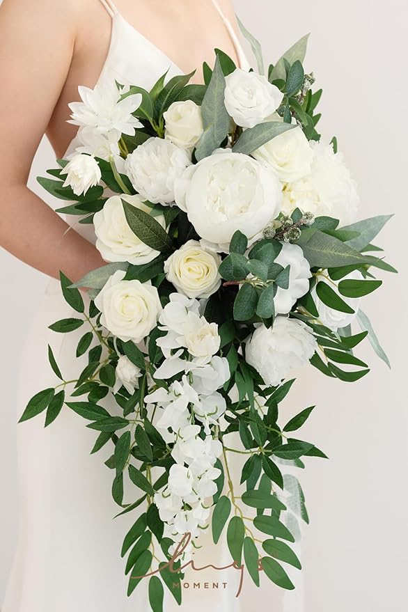 Artificial Flowers Bridal Bouquet, Ivory Silk Cascade with Pearls, 15in