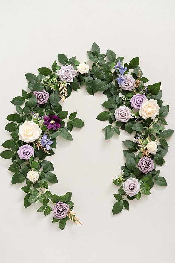 Artificial Flower Garland 5 Ft Purple Rose Vine with Green Leaves