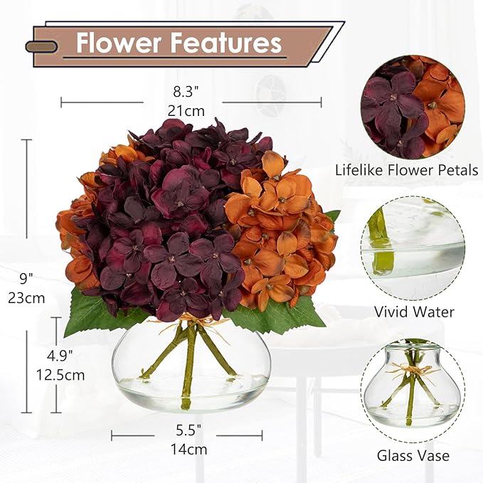 Artificial Hydrangea Flowers with Glass Vase, Red Silk Arrangement