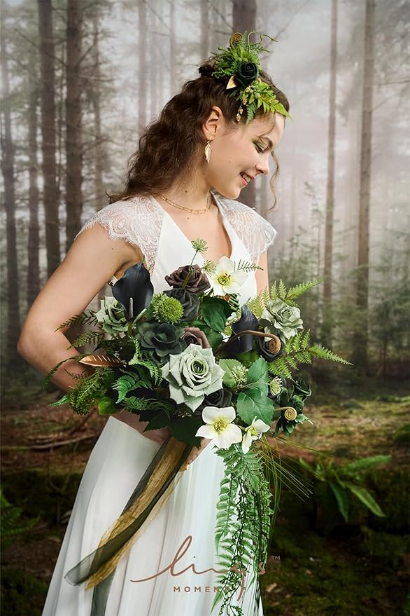Artificial Flowers Forest Green Cascading Bridal Bouquet, 13 Inch Silk