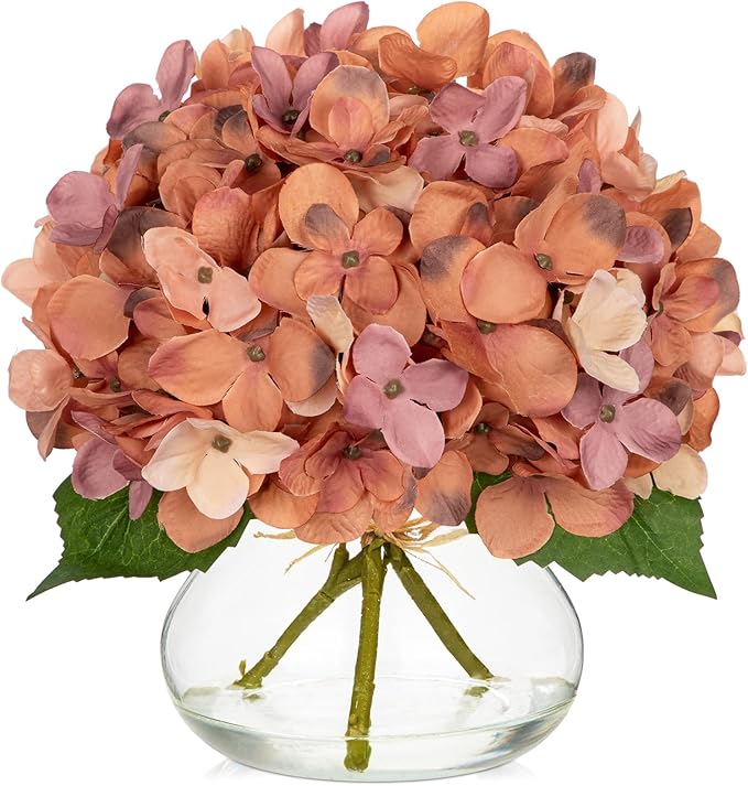 Artificial Hydrangea Flowers with Glass Vase, Dark Peach Silk Arrangement