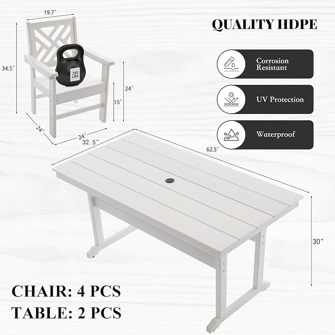 HDPE Outdoor Dining Set, 6-Piece Outdoor Table and Chairs Include 4 Dining - Image 3