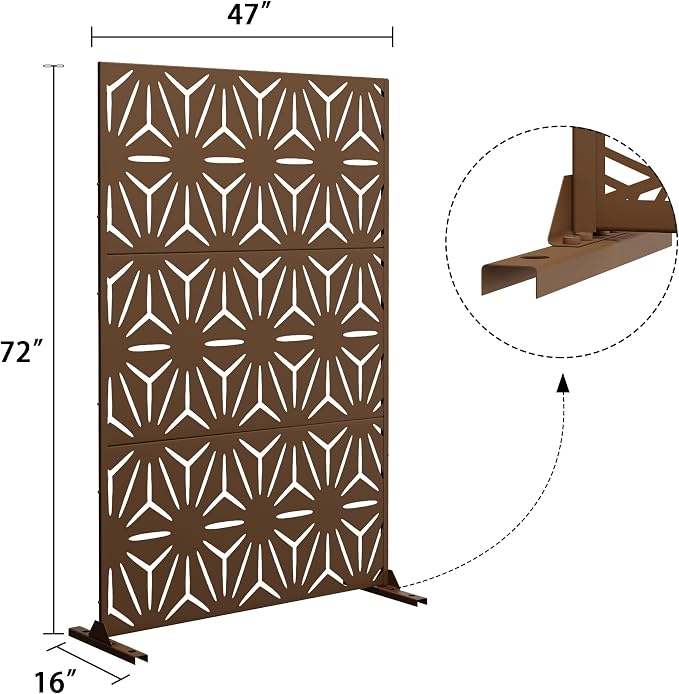 Decorative Fence Metal Privacy Screen, Freestanding, 72 x 47 Inch, Brown