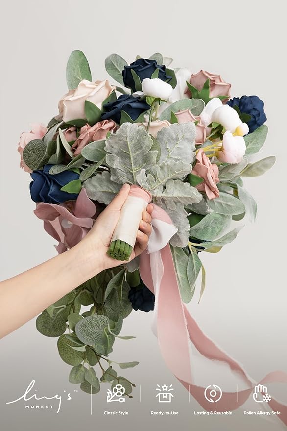 Artificial Flowers Bridal Bouquet, Dusty Rose and Navy Blue Cascade, 15 Inch