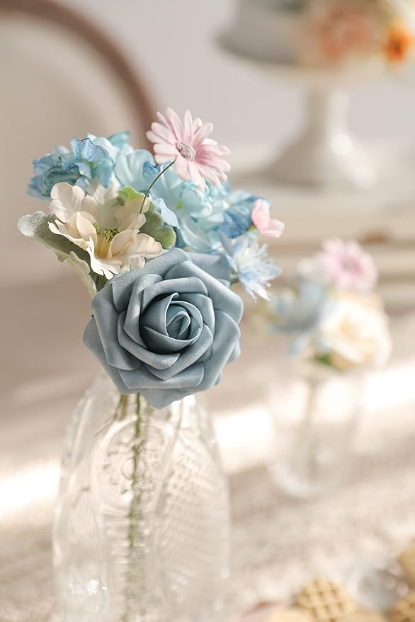 Artificial Flower Set in Blue and Pink, Faux Silk, 32 Heads and 40 Stems