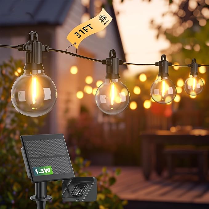 String Lights 31FT Solar G40 Warm White Black Outdoor