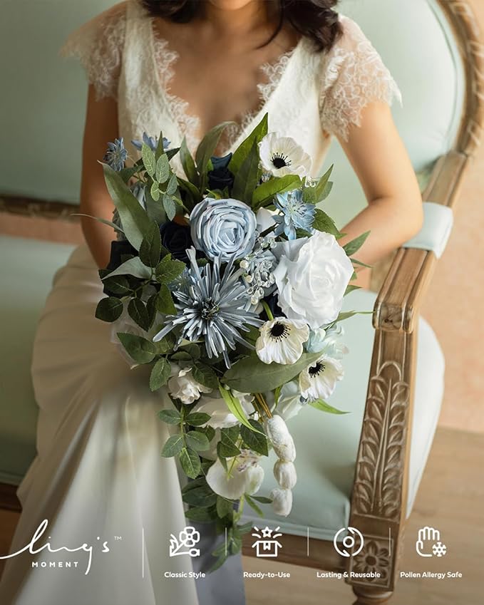 Artificial Bridal Bouquet, Dusty Blue Cascade with Pearls, 15 Inch
