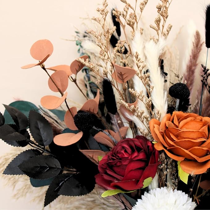 Artificial Flower Arrangement in Vase, 100 Pieces, Orange & Burgundy