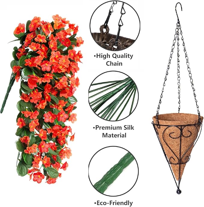 Artificial Flowers Hanging Basket, Faux Silk Orchid, Orange, 11 Inches Tall