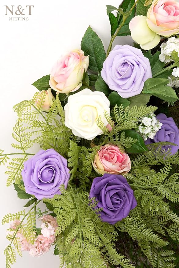 Artificial Flowers, 50 Purple Foam Roses with Stems and Leaves