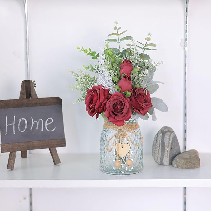 Artificial Flowers in Glass Vase, Burgundy Silk Rose Arrangement