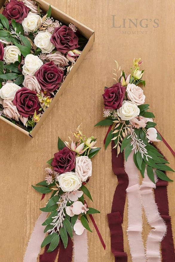 Artificial Rose Aisle Pew Flowers, 8 Pcs Marsala Blush Wedding Chair Decor