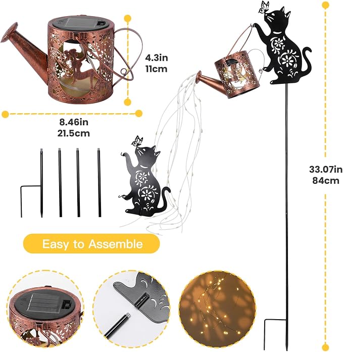 Figurine Light: Golden Iron Solar Cat Watering Can Lantern