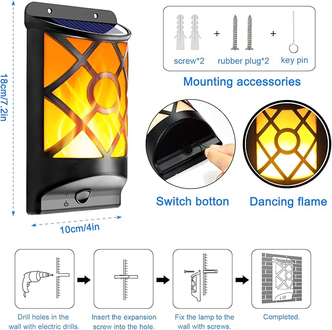 Wall Lights - Black Solar Flame Lantern with Dancing LED Effect