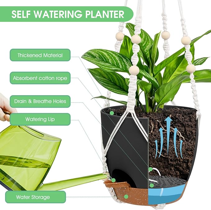 Hanging Planters for Indoor Outdoor Plants, 2 Pack Self Watering Hanging Pot - Image 3