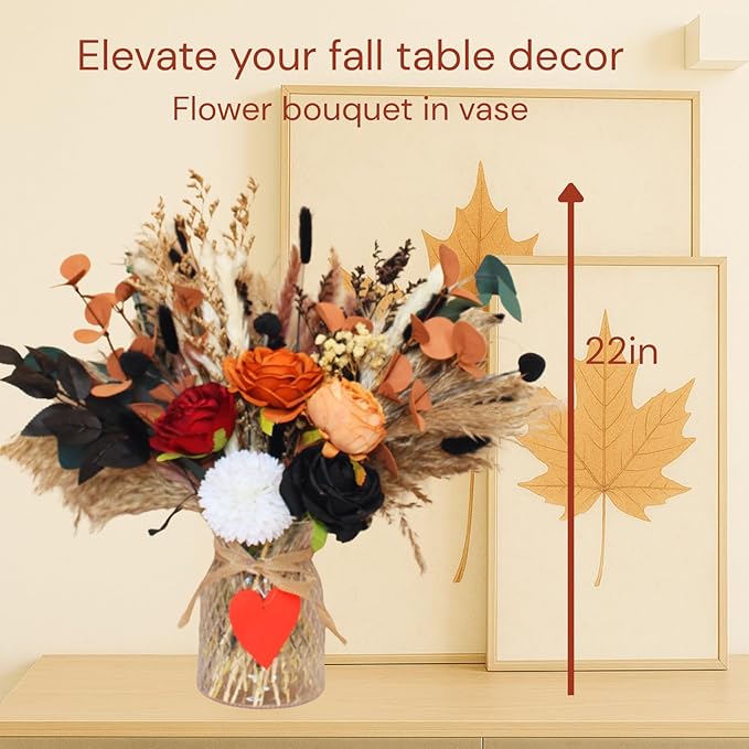 Artificial Flower Arrangement in Vase, 100 Pieces, Orange & Burgundy