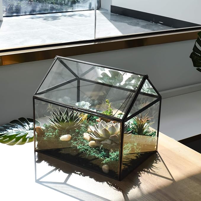Terrarium, Large Black House-Shaped Glass Planter with Swing Lid