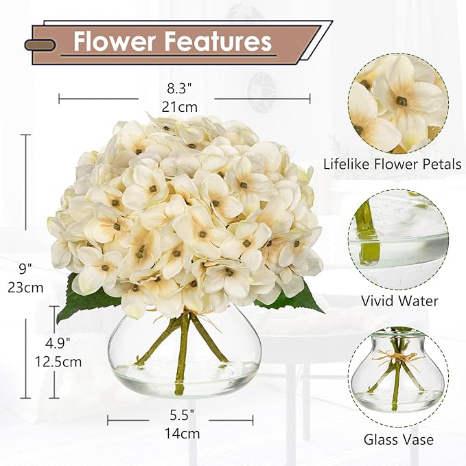 Artificial Hydrangea Flowers with Glass Vase, White Silk Fall Arrangement