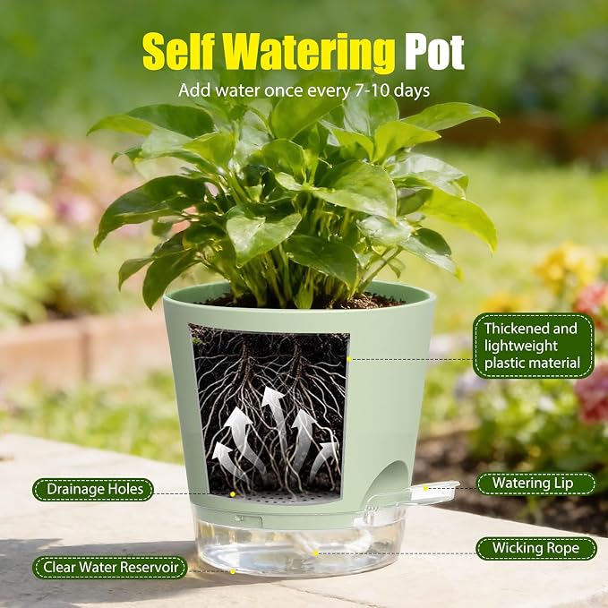 Plant Pots 6 Inch Self Watering Pots, 6 Pack Plastic Planters - Image 4
