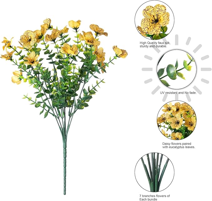 Artificial Daisy Flowers, 12 Bundles, Orange-Yellow with Eucalyptus Leaves