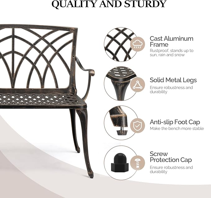 VINGLI 38" Outdoor Metal Bench, Cast Aluminium Garden Bench, Weatherproof - Image 4