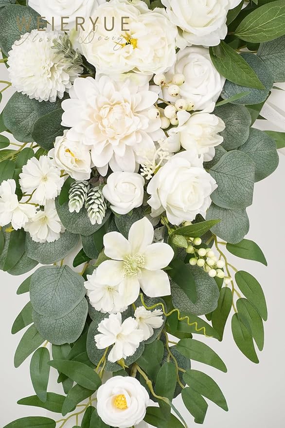 Artificial Flowers Arch Swag Set, 2 Swags and Chiffon Drape, Fairy White