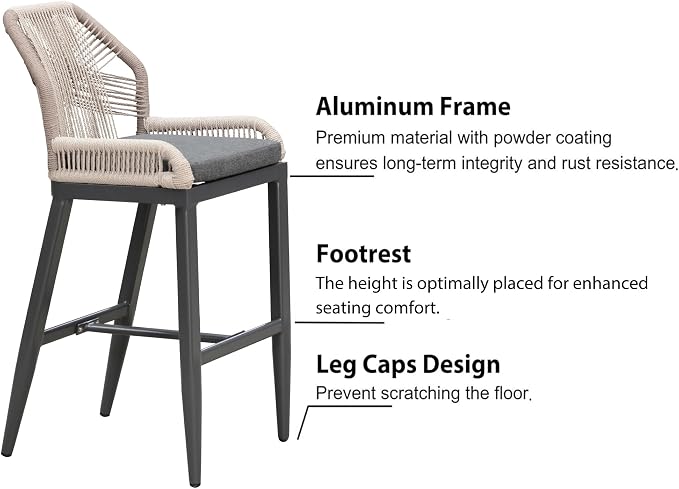 PURPLE LEAF Patio Bar Stool Bar Height Set of 2 Outdoor Rattan Chairs - Image 7