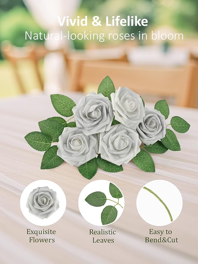 Artificial Flowers, 50 Silver White Foam Roses with Bendable Stems