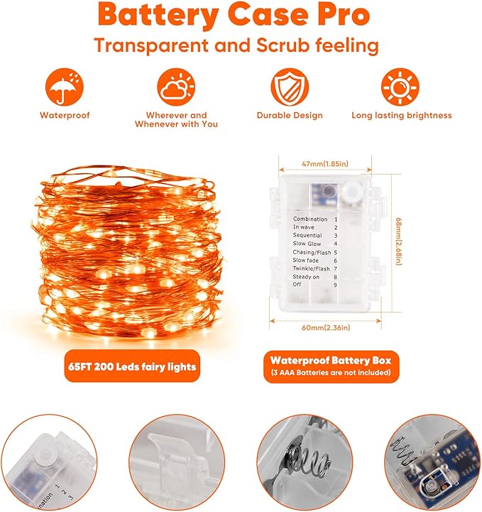 Indoor String Lights, 65.6 Ft Orange LED Battery Powered with Remote