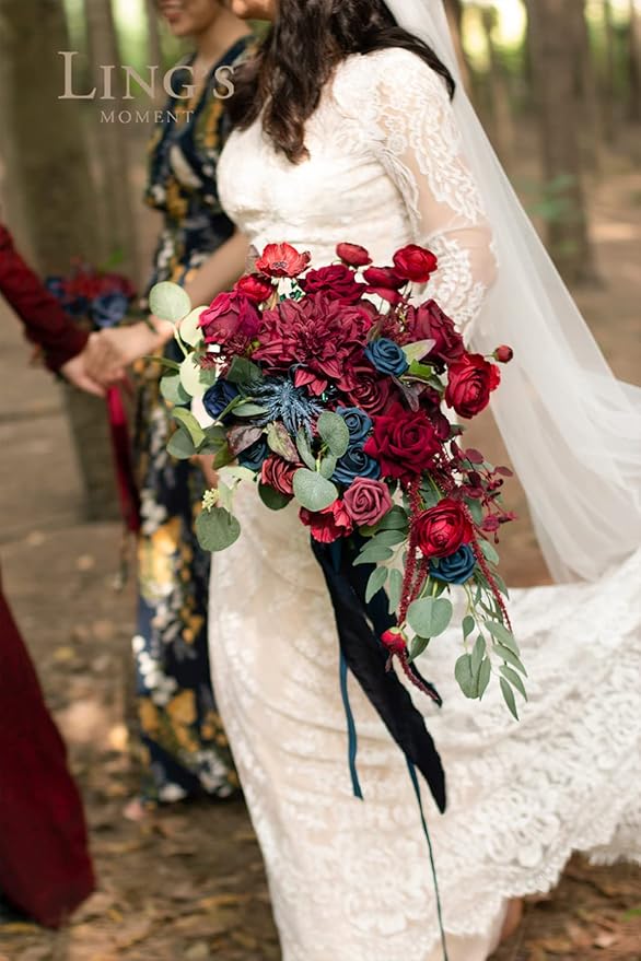 Artificial Flowers Cascading Bridal Bouquet, Burgundy Navy Blue, 15in