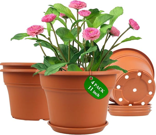 11 Inch Plastic-Flower-Pot-for-Indoor-Plants, 4 Pack Large Outdoor Planter Pot by Pottiffe