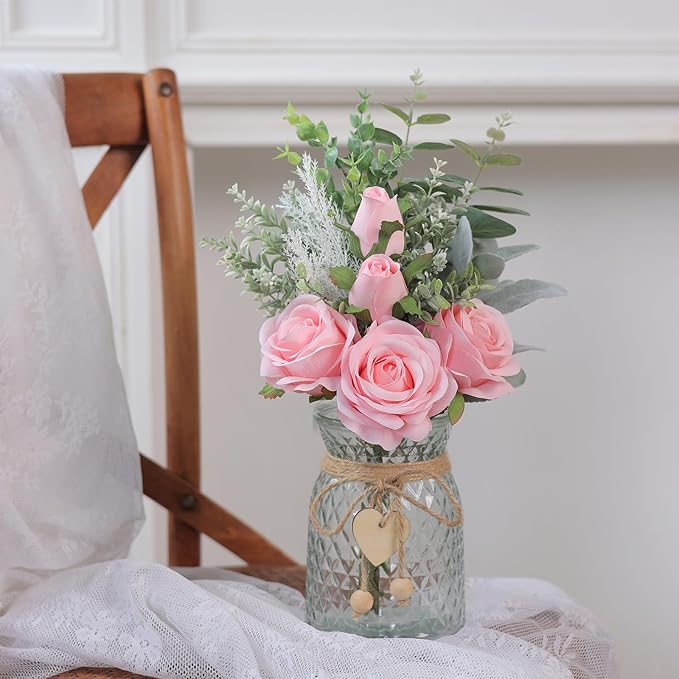 Artificial Flowers in Glass Vase, Pink Silk Roses, 14.5 Inch Tall