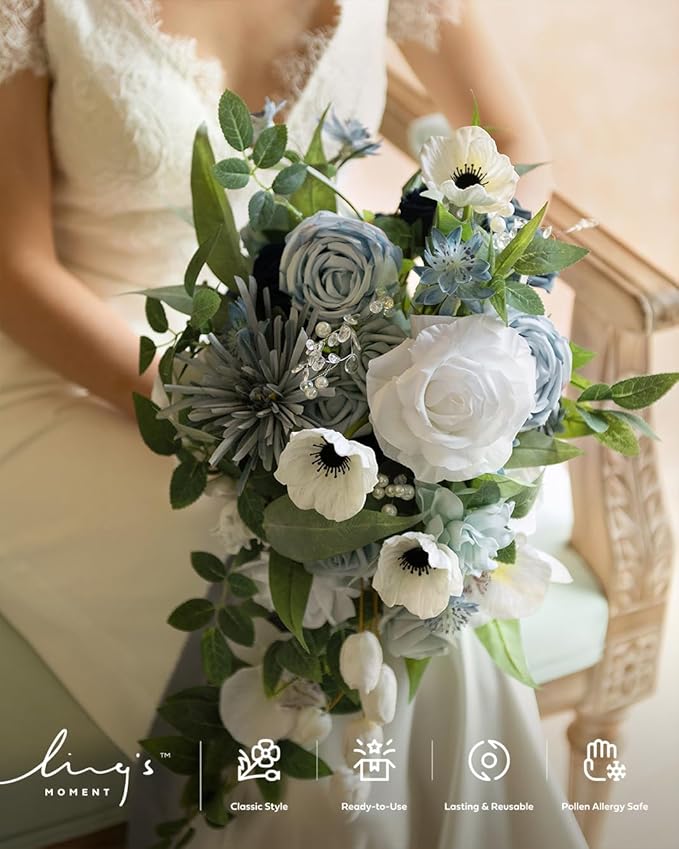 Artificial Bridal Bouquet, Dusty Blue Cascade with Pearls, 15 Inch