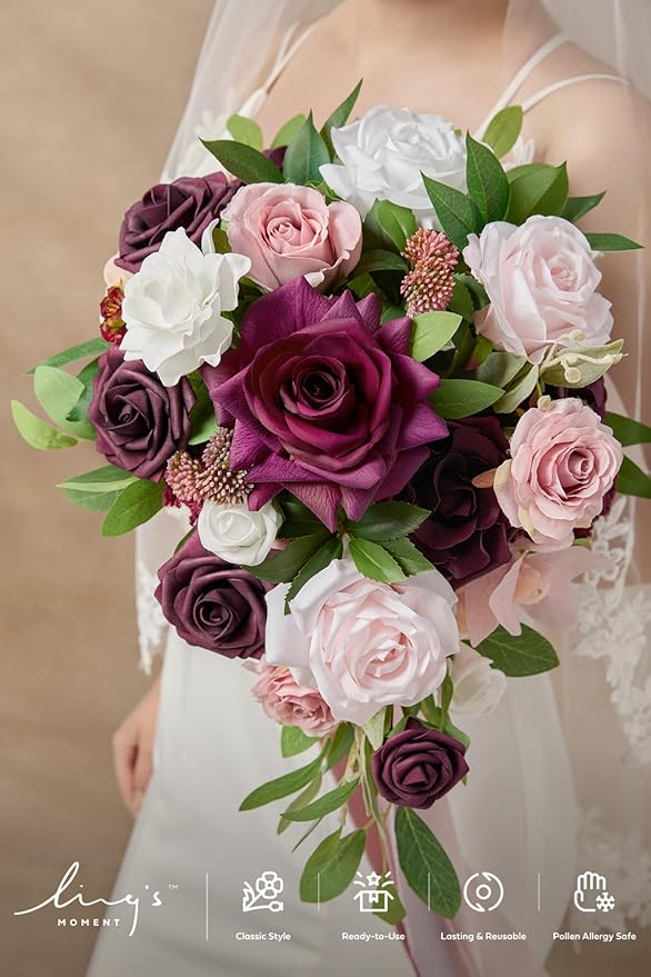 Artificial Flowers Cascading Bridal Bouquet, Marsala and Blush Silk Roses