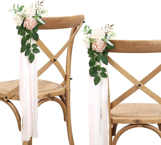 Artificial Flowers Pew Decor Set of 10, Pink Roses with 70cm Ties