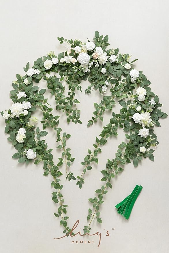Artificial Flower Garland Arch Swags, 6.5 Ft, White-Sage Green Silk