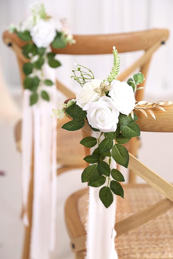 Artificial Rose Chair Flowers for Wedding Aisle, Set of 10 in White