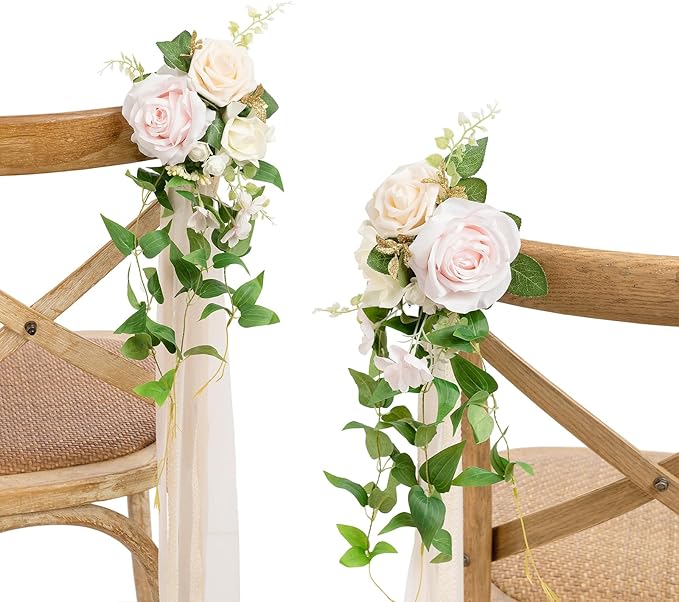 Artificial Wedding Aisle Pew Flowers, 8 Pcs Blush and Cream with Ribbon