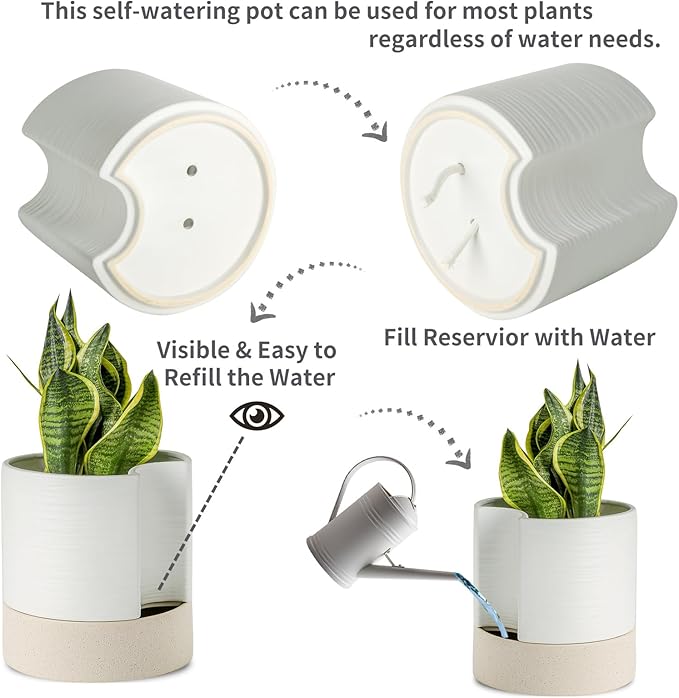 Planter Pot with Self Watering Wick, 8 Inch Ceramic, White