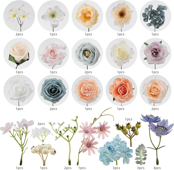 Artificial Flowers Set in Fairy Blue and Pink, Silk and Plastic Blend