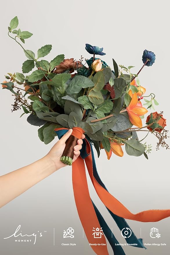 Artificial Bridal Bouquet, Teal and Burnt Orange Silk Cascade, 13 x 20 in