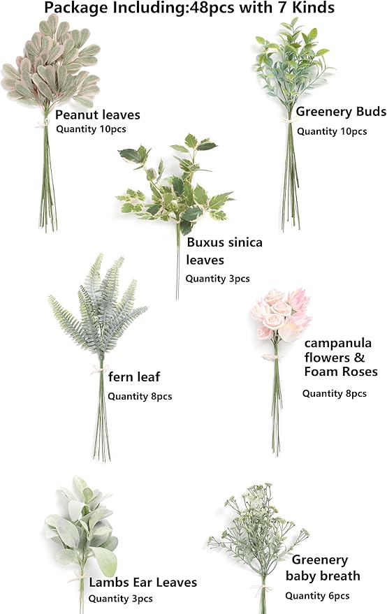 Artificial Plants Greenery Set, 48 Pieces, 7 Varieties, Silk and Plastic